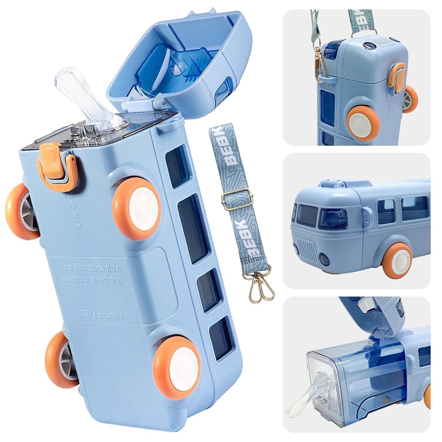 Pluspoint Bus Water Bottle For Kids Detachable Bus Straw Water Cup With Shoulder Strap Leak-Proof Kids Drink Cup Cartoon Water J