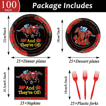 Qyeahkj 100Pcs Derby Day Plates And Napkins Party Supplies Horse Racing Tableware Set Kentucky Party Decorations Favor Racing Ho