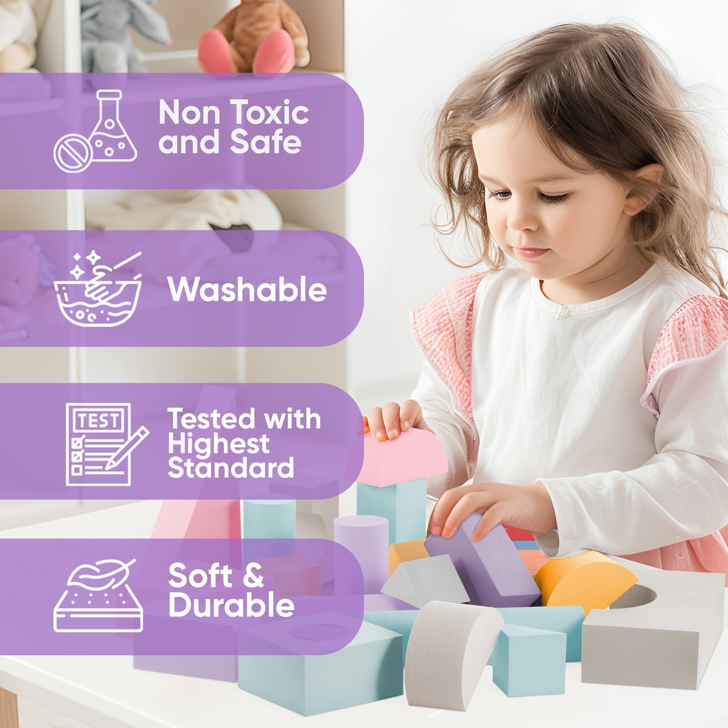 Set of 34 Jumbo Large Foam Blocks for Toddlers - Stacking Soft Blocks for Kids with Shapes & Colors Learning - Construction Building Preschool Toys - Giant Foam Bath Blocks for Toddlers 3-5 & above