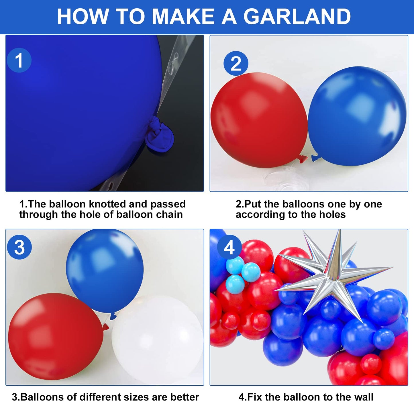 Red Blue Balloon Garland Kit, Red Blue Balloon Arch With Red And Dark Blue Balloons, Red And Blue Balloon Arch For Independence