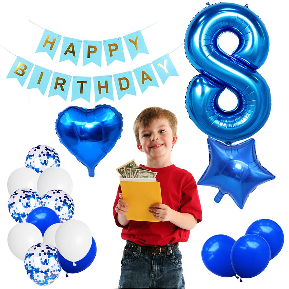 Huture 8 Birthday Party Supplies Blue Number 8 Foil Balloon Happy Birthday Banner Kit 8Th Birthday Decoration White Blue Latex C