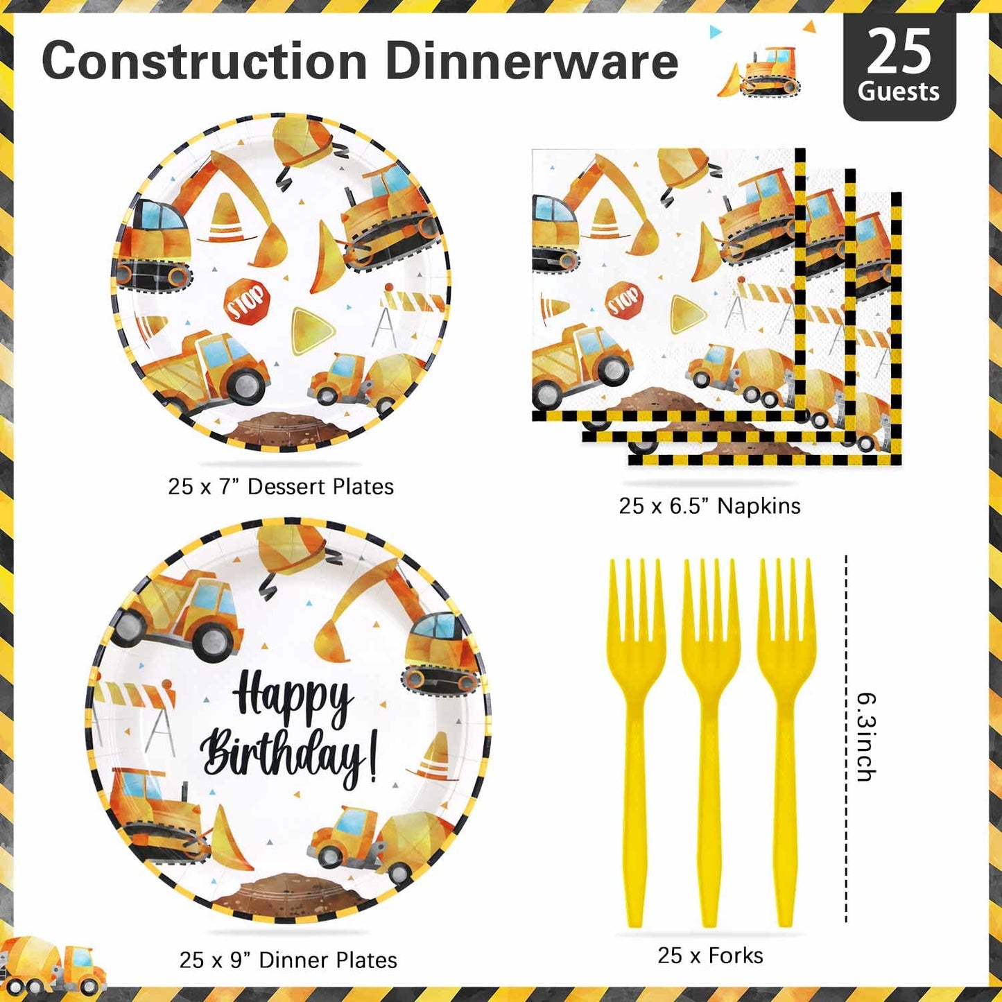 Construction Theme Birthday Party Decorations Plates Set 25 Guests,100 Pcs Plates Napkins Forks Boys Kids Construction Excavator