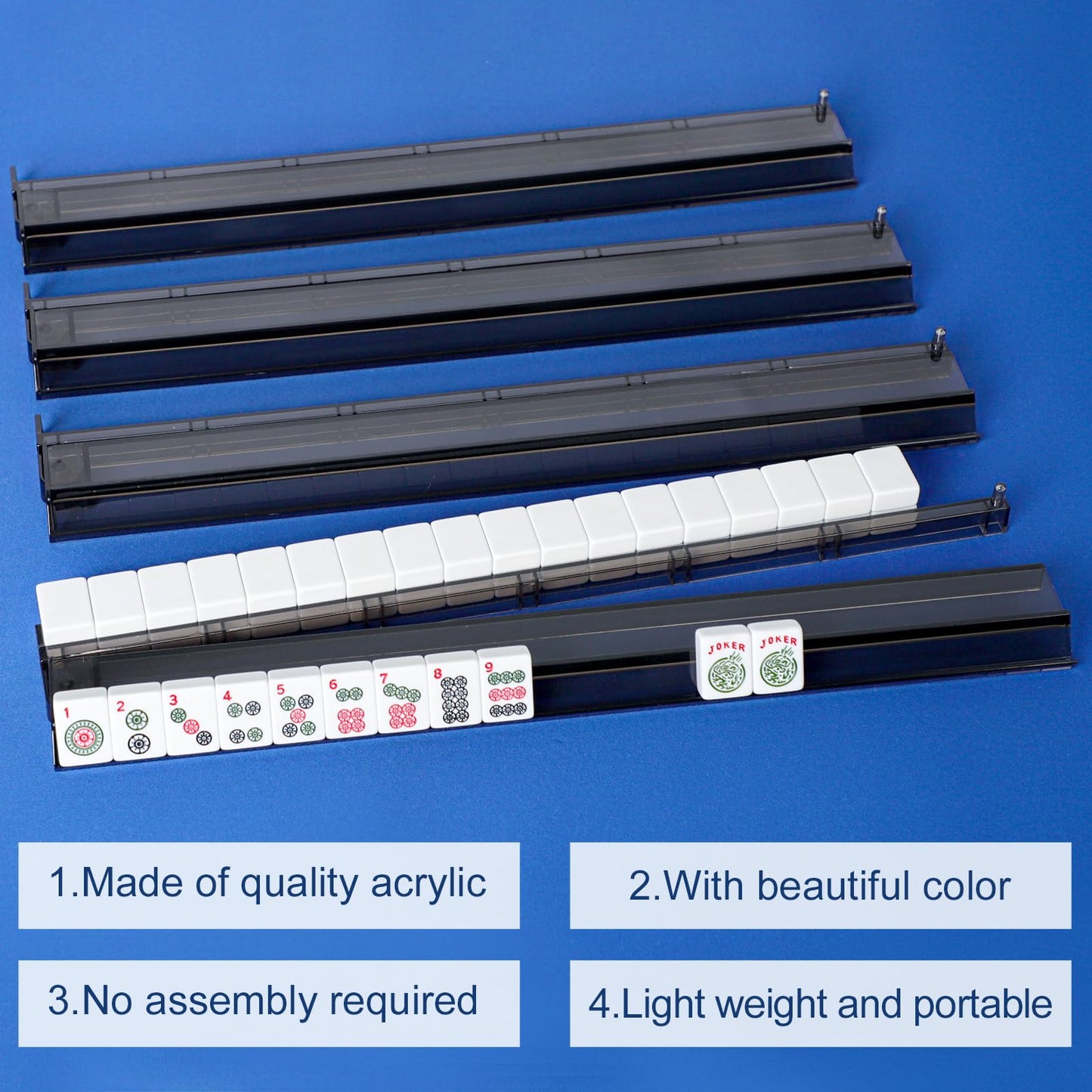 GUSTARIA Mahjong Tile Rack & Pusher Combo, Clear Acrylic, Set of 4, 17.72"x2.95"x1.2", Black, Model KRD-MAH-021