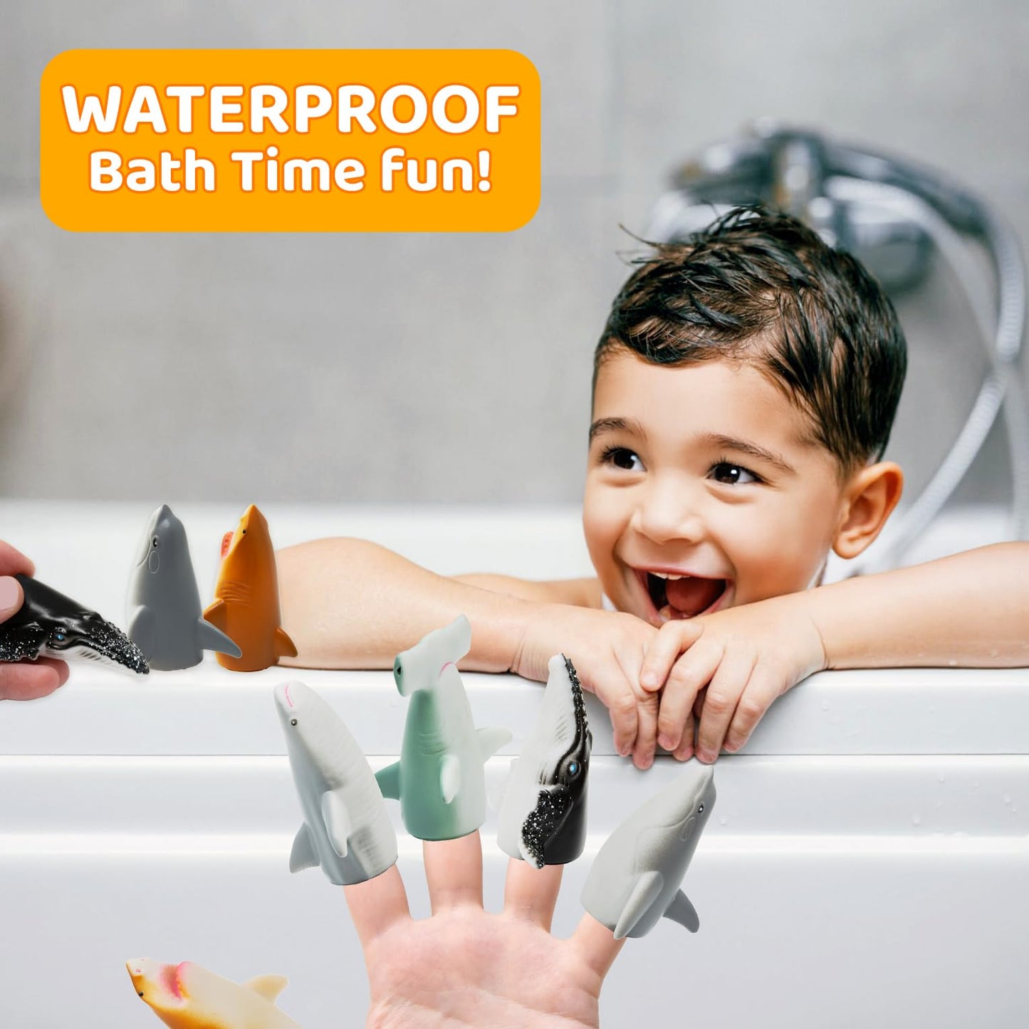 Kiddie Play Finger Puppets For Kids, 10 Pc Sharks Puppets Rubber Set For Story Time And Bath Toys