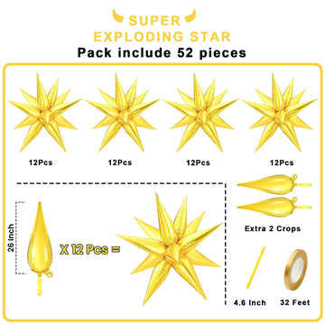 Funtoob Gold Balloons Star Balloons Metallic Star Foil Balloons Gold Star Cone Balloons Starburst Balloon Spike Balloons For Bir