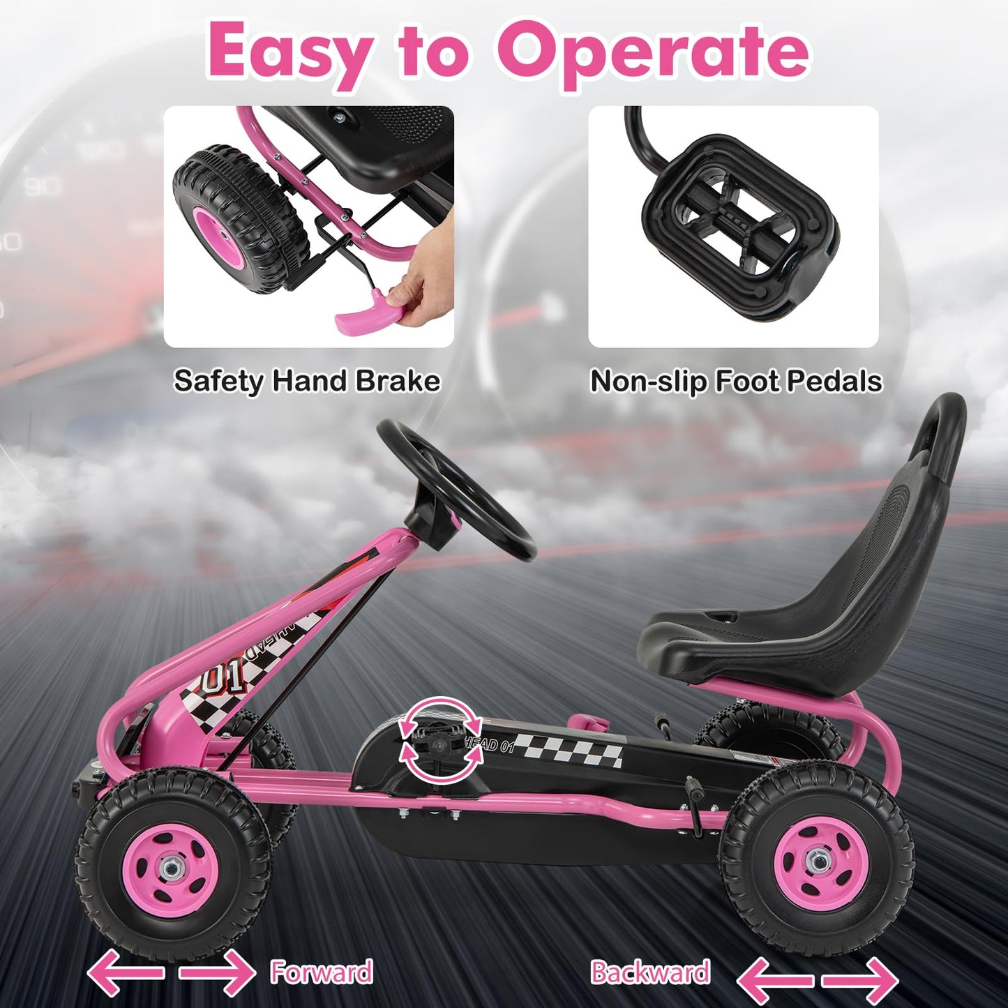 Costzon Go Kart For Kids, 4 Wheel Pedal Powered Go Cart With Adjustable Seat, Handbrake & Non-Slip Wheels, Outdoor Racer Ride On Pedal Car, Gift For Boys Girls (Pink)