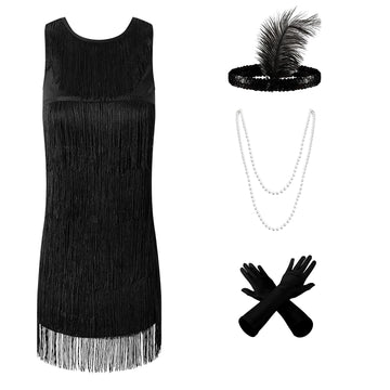 Inbakjade Girls 1920'S Costume Accessories Halloween Costumes Flapper Fringed Dresses Costume Set For Kids (7-9Years)
