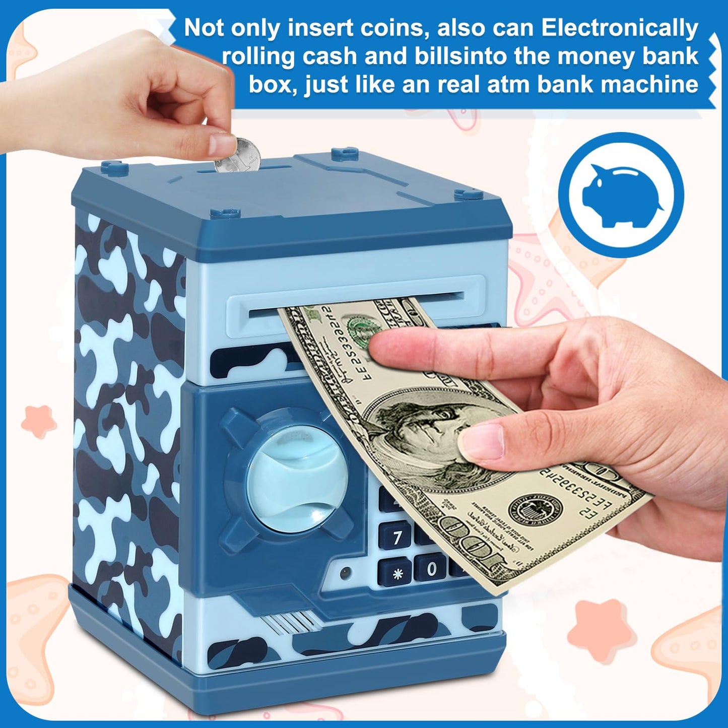 Renvdsa Cartoon Electronic Atm Password Piggy Bank Cash Coin Can Auto Scroll Paper Money Saving Box Gift For Kids (Blue Camouflage)
