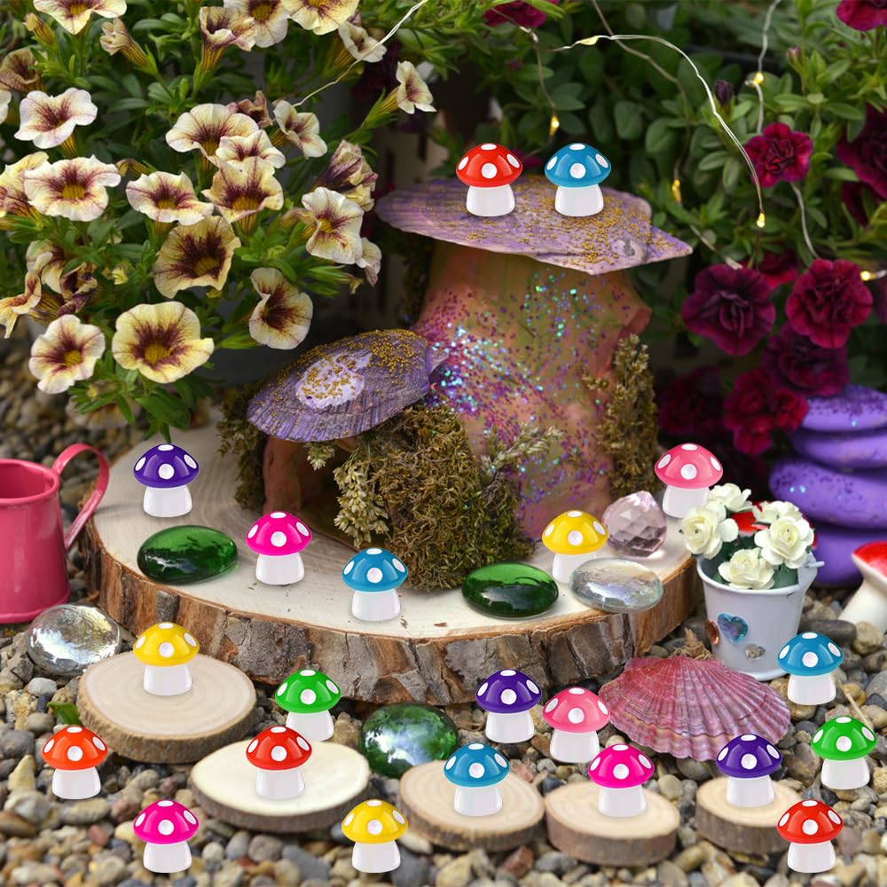 DIYDEC 100pcs Mini Resin Mushroom 8 Colors Small Mushrooms Figures Tiny Resin Mushrooms Plastic Little Miniature Mushrooms Bulk