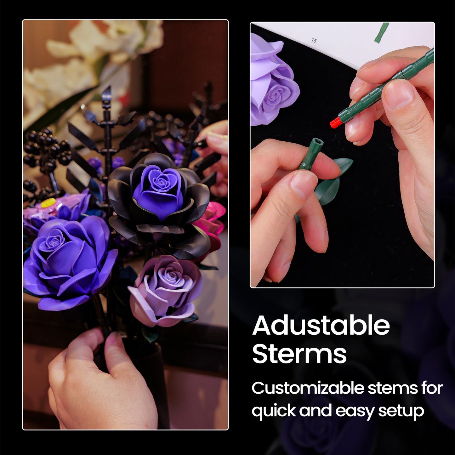 Purple Flower Bouquet Building Set, Rose Botanical Collection Blocks Kit Compatible With Lego For Adults Women, Artificial Flowe