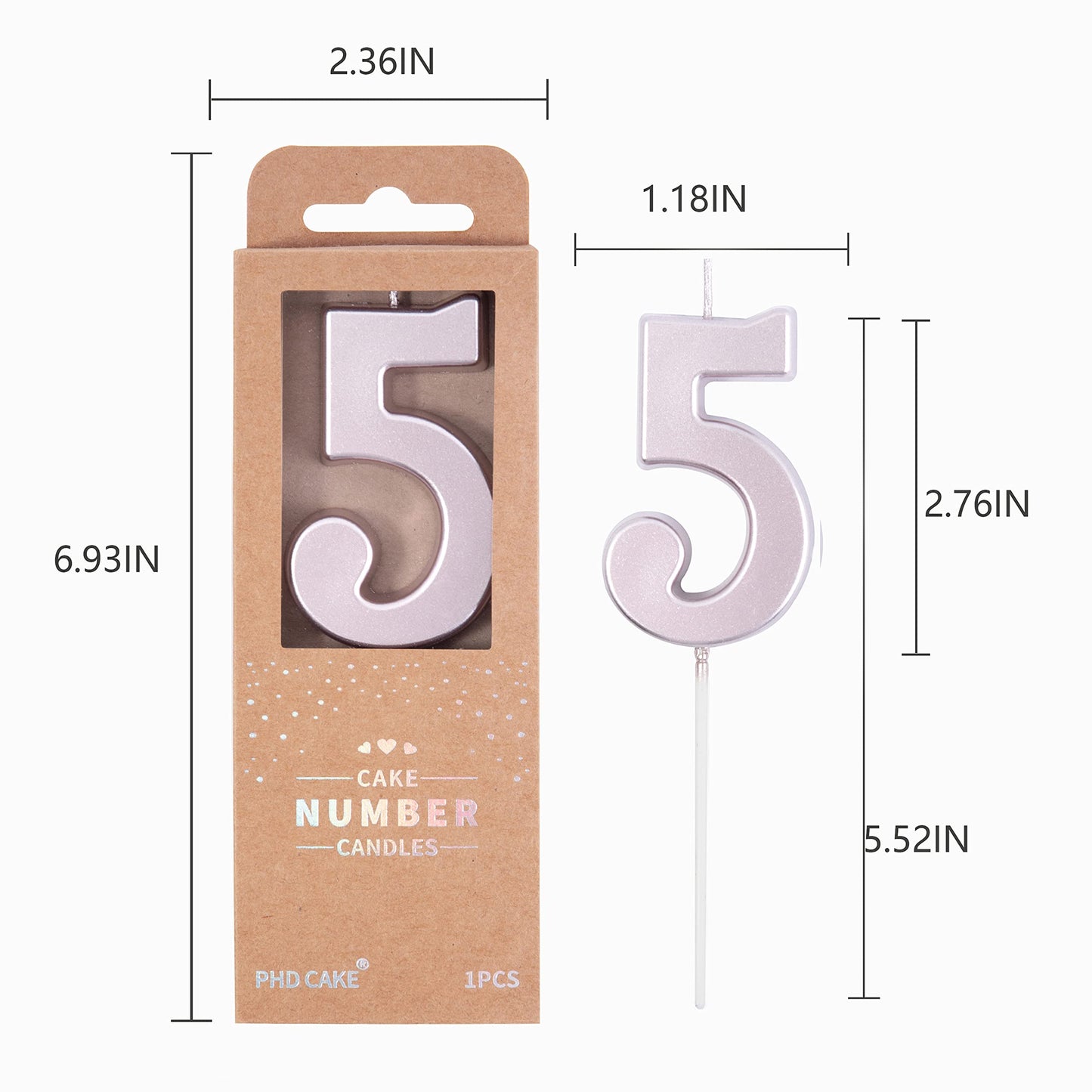 PHD CAKE 2.76 Inch Modern Rose Gold 5 Number Birthday Candles, Cake Candles for Party Celebration