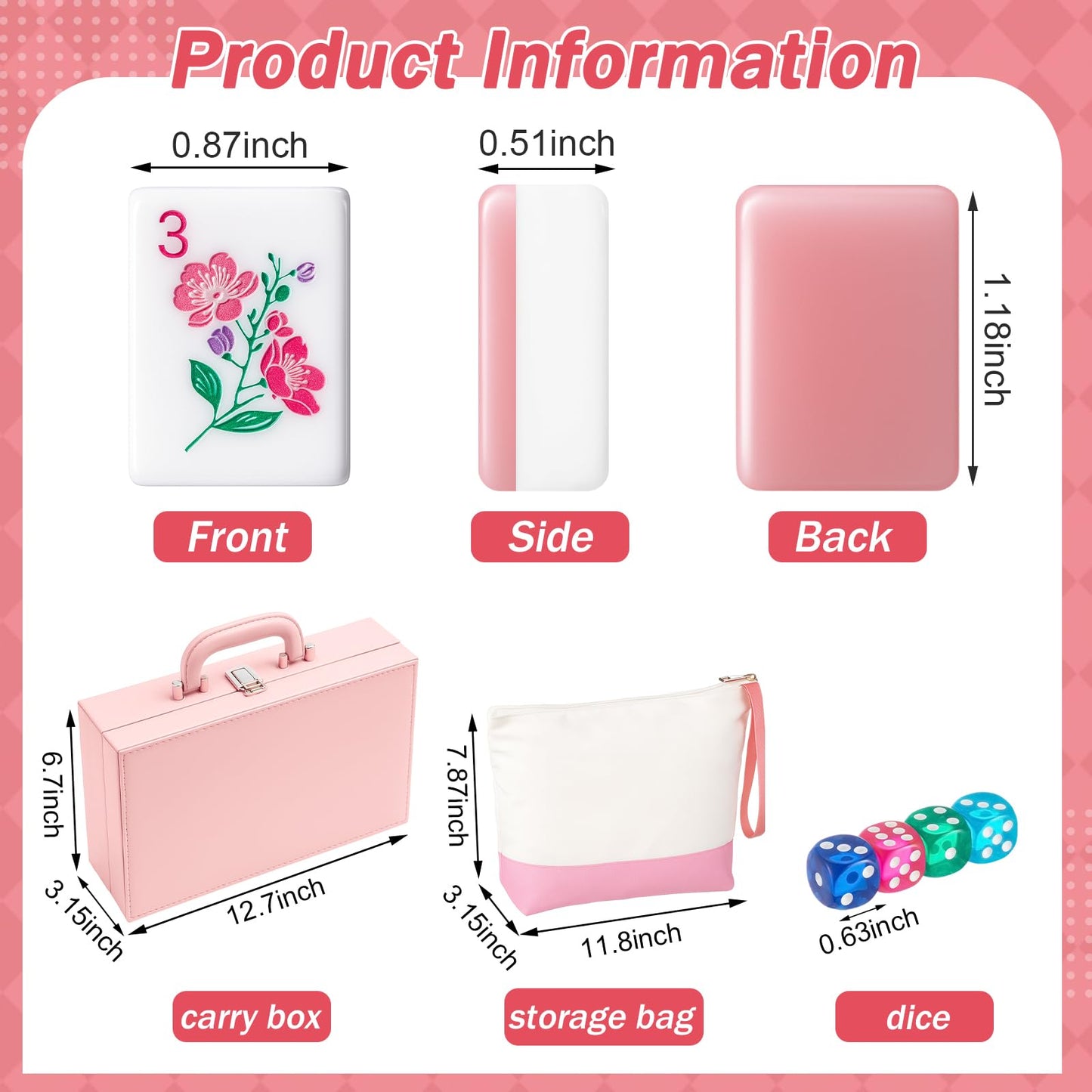 Soulchen 1.2 Inch Acrylic American Mahjong Set 168 Blossom Numbered Tiles  Tiles Bag and Portable Travel Case Classic Complete Mahjong Set for mature-themed Collection Gift(Pink)