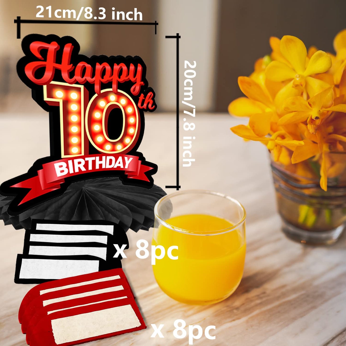 Happy 10Th Birthday Red And Black Table Honeycomb Centerpieces Balloons Theme Decor Table Decorations Table Toppers For Girls Women Princess 10 Years Old Birthday Party Bday Supplies Background Gold