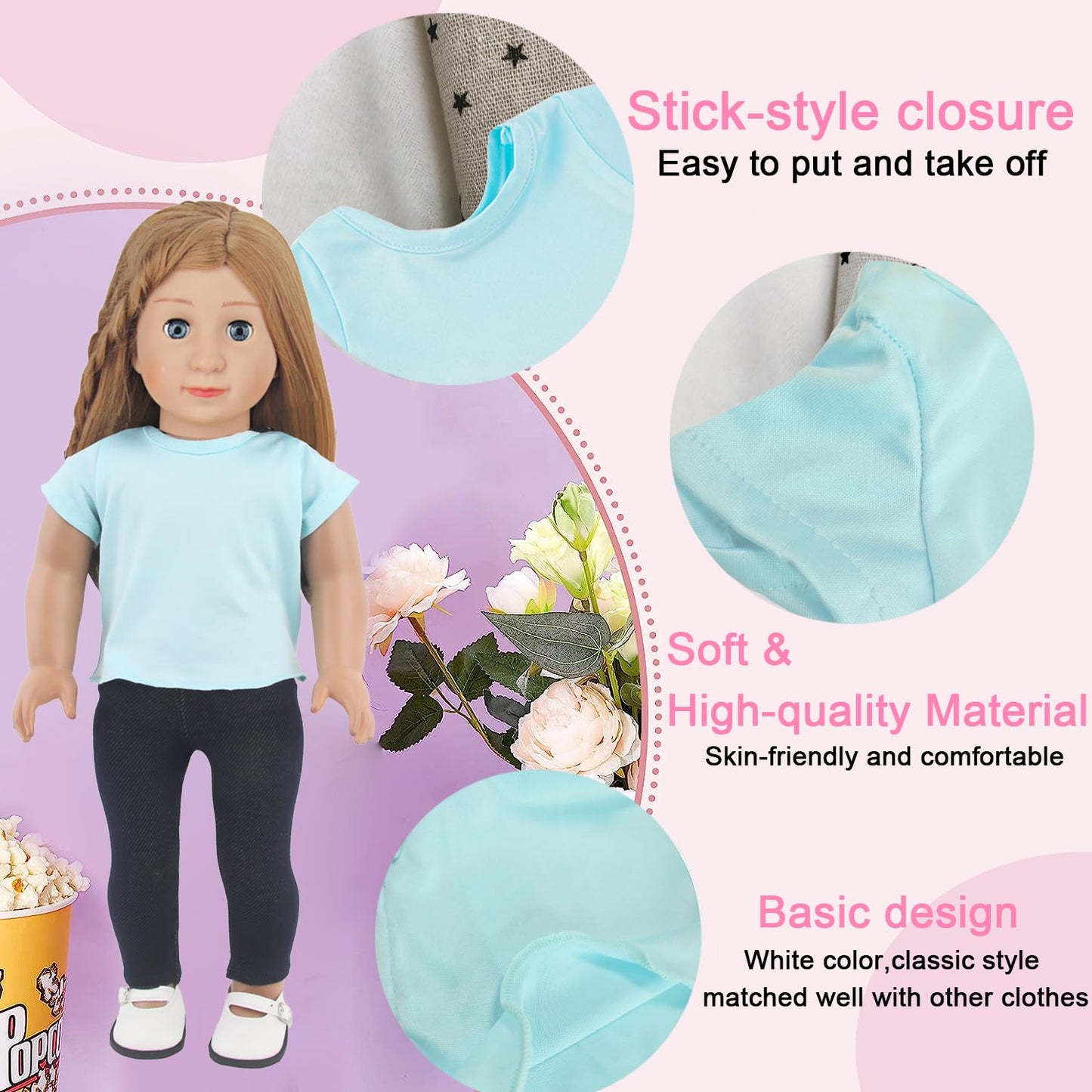 AugFrog 5 Pcs Doll T-Shirts - Summer Outfit for 18 Inch Dolls, Short Sleeved Classical Tee (Blue)