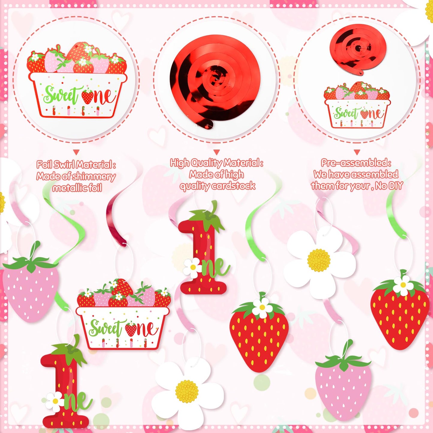Strawberry Swirls 1st Birthday Decor - Hanging Streamers for Sweet Ones Berry Themed Party Supplies