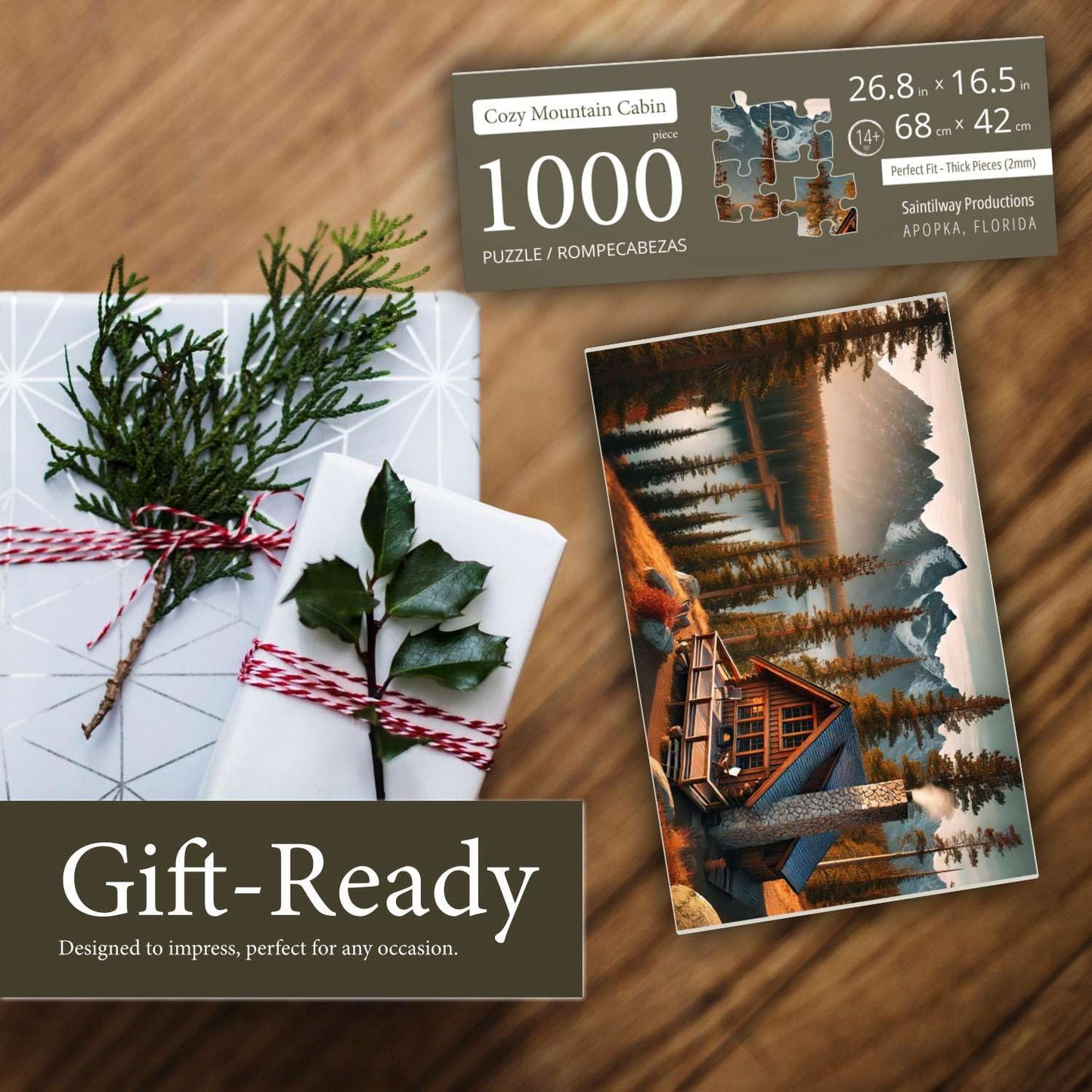 Jigsaw Puzzles for mature-themeds - Challenging Colorful and Unique with Large Poster - Letters on Back - AI Art - Rompecabezas para mature-themedos - Gifts for mature-themed  Couples  Teens (Cozy Mountain Cabin)