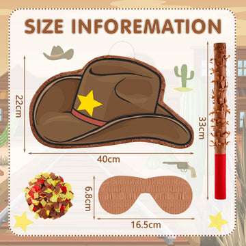 Lewtemi 15.7 Inch Cowboy Hat Piñata Western Cowboy Theme Birthday Party Decors Favors With Blindfold Stick Confetti Photo Prop Candy Holder Valentine'S Party Supplies(Simple)
