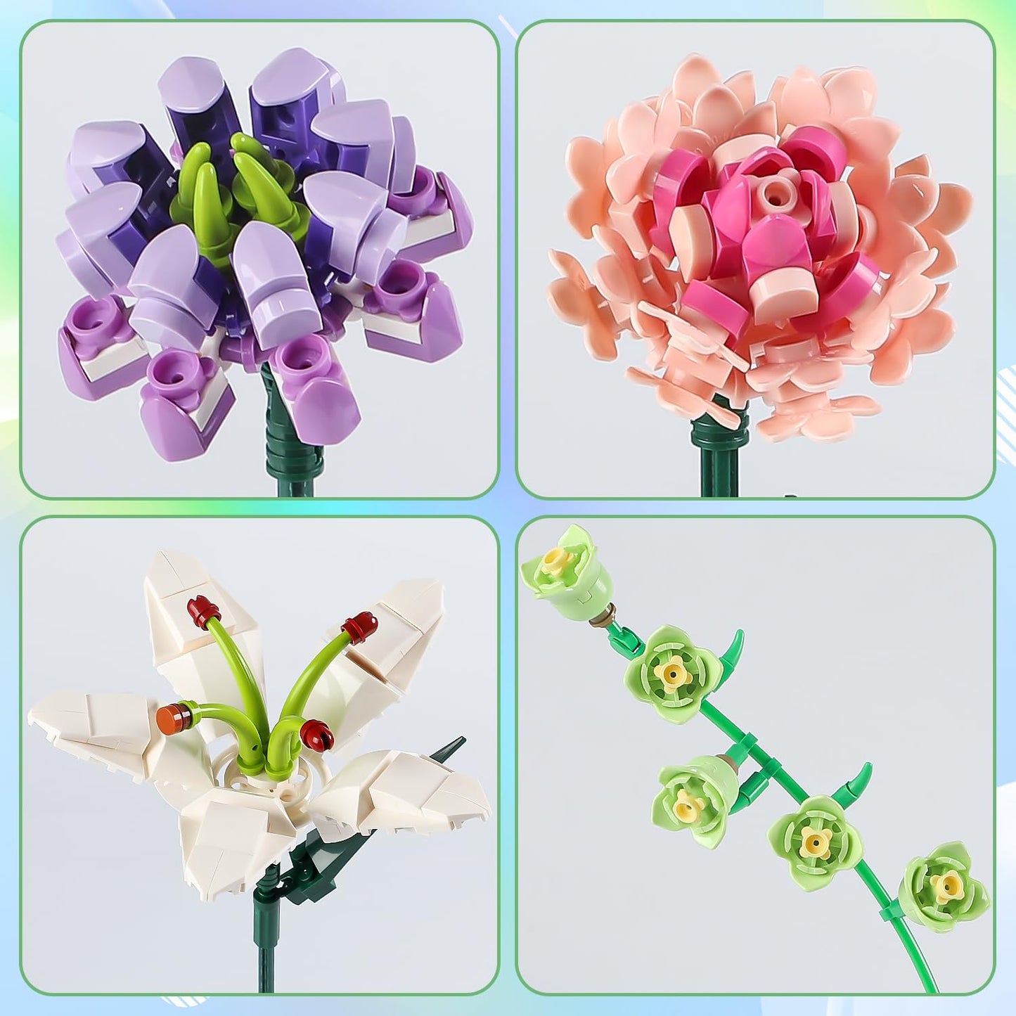 Chodia Flower Bouquet Building Blocks Pink Carnation Botanical Collection Bricks Sets Creative Toys Kits Birthday Anniversary Fo
