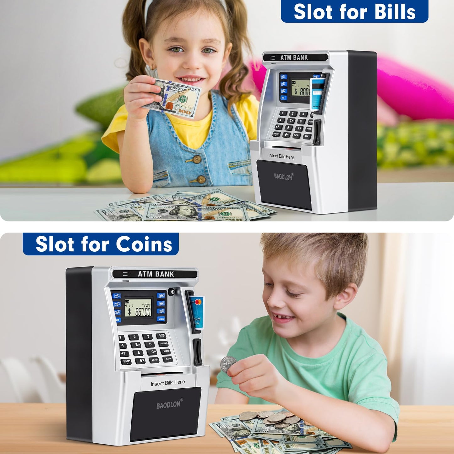 Baodlon Piggy Bank For Kids, Atm Machine Bank For Real Money With Debit Card, Bill Feeder, Coin Recognition, Balance Calculator, Electronic Savings Safe Box, Cool Stuff Toys Gifts For Teen Boys Girls