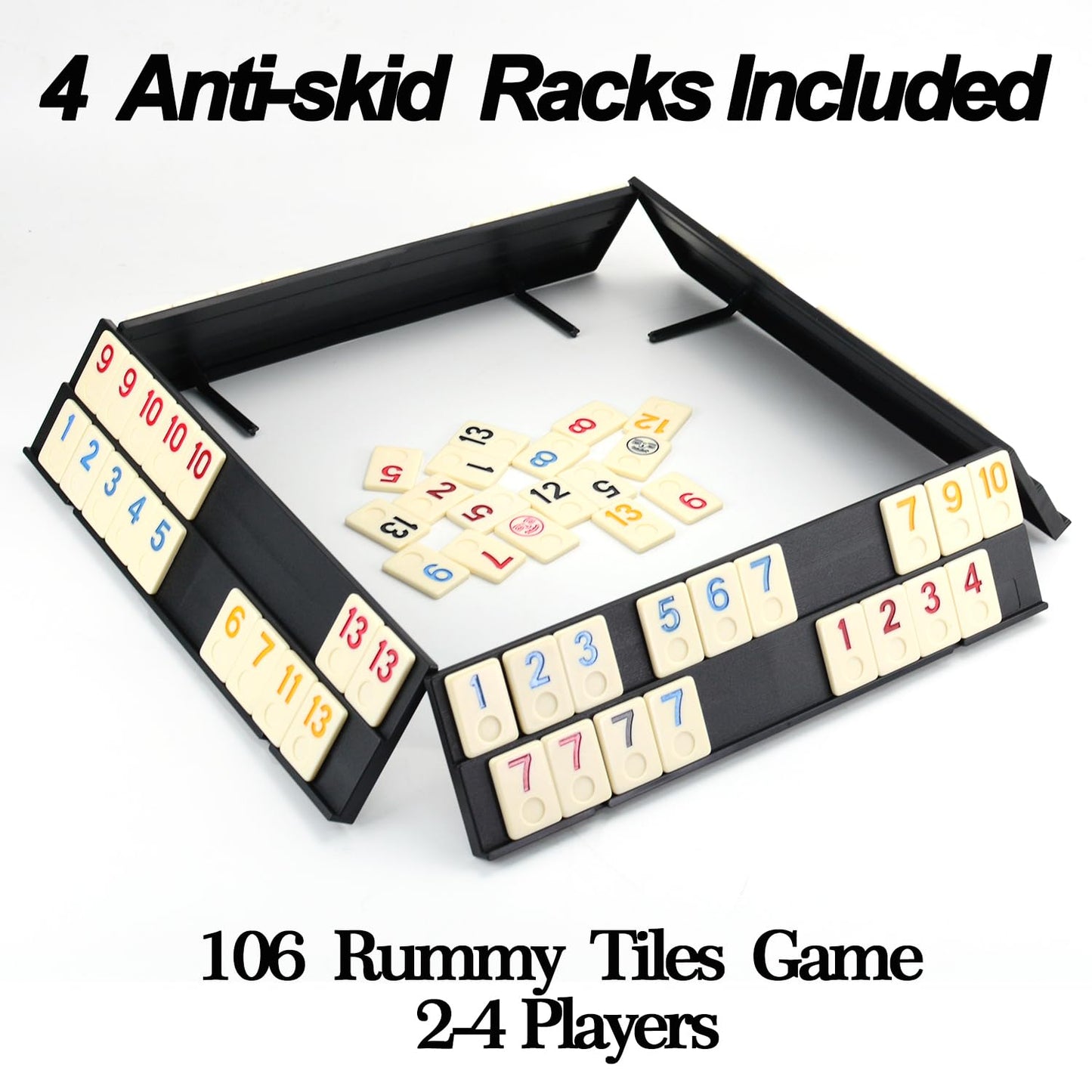 Vovotuzzi Rummy Cube Game Original, Rummy Game Set with 4 Anti-Skid Racks/Trays, 106 Large Tiles with Portable EVA Case, Classic