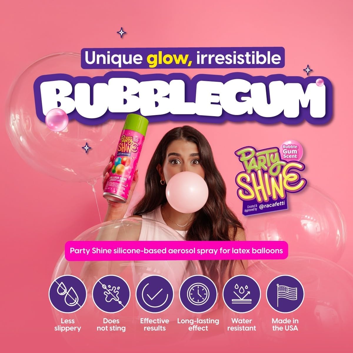 Shiny Fiesta Party Shine Bubble Gum Balloon Spray, 13oz Silicone, Waterproof Non-Slip, Sweet Bubble Gum Scent