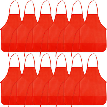 BOUBONI 12 Pieces Red Kids Painting Aprons Kids Art Aprons with 2 Roomy Pockets Kids Aprons for Art Painting Activity Kitchen Cr