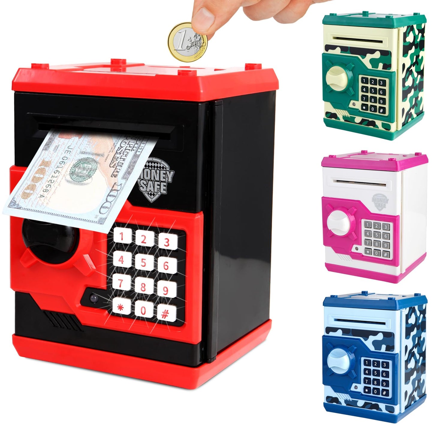 Pup Go Electronic Piggy Bank for Kids Ages 3-12 Years Old  Money Safe with Pasdecorative replica blade Protection  Auto Cash Scroll & Coin Slot  Money Saving Box  Cool Birthday for Boys & Girls (Red)
