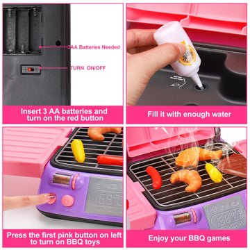 Kids BBQ Grill Playset with Coooking Apron Hat Toddler Girl Pink Kitchen Toy Ages 2-4 3-5 4-8 Pretend Smoke Sound Light Outdoor