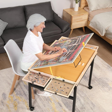 JoyPcsTable Puzzle Table with Drawers, 1500 Piece Rotating Jigsaw Board, 35x27, Black Gray with Cover, Portable for Adults, Great Gift for Mom
