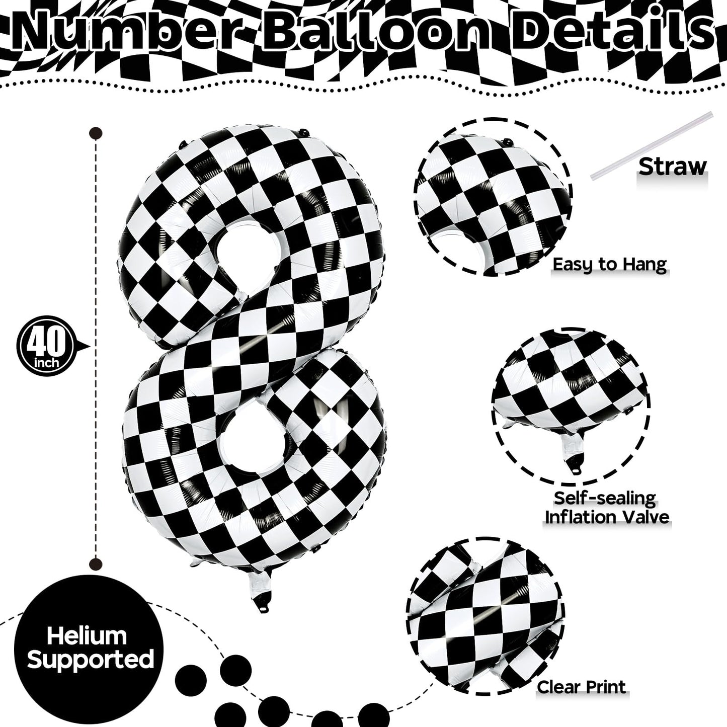 Foil 8Th Birthday Number Balloon, Large Checkered Helium 8 Racing Balloons Decor, 40 Inch Self Inflating Black And White Number