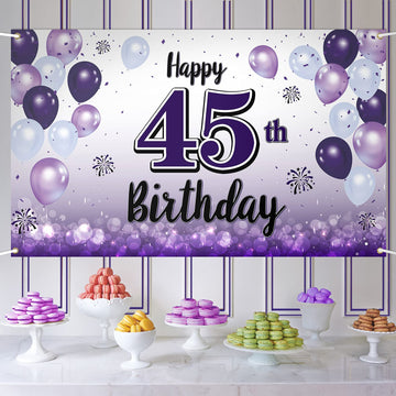 LASKYER Happy 45th Birthday Decorations,45th Purple Balloon Large Birthday Banner Backdrop Sign,45 Years Old Bday Party Supplies