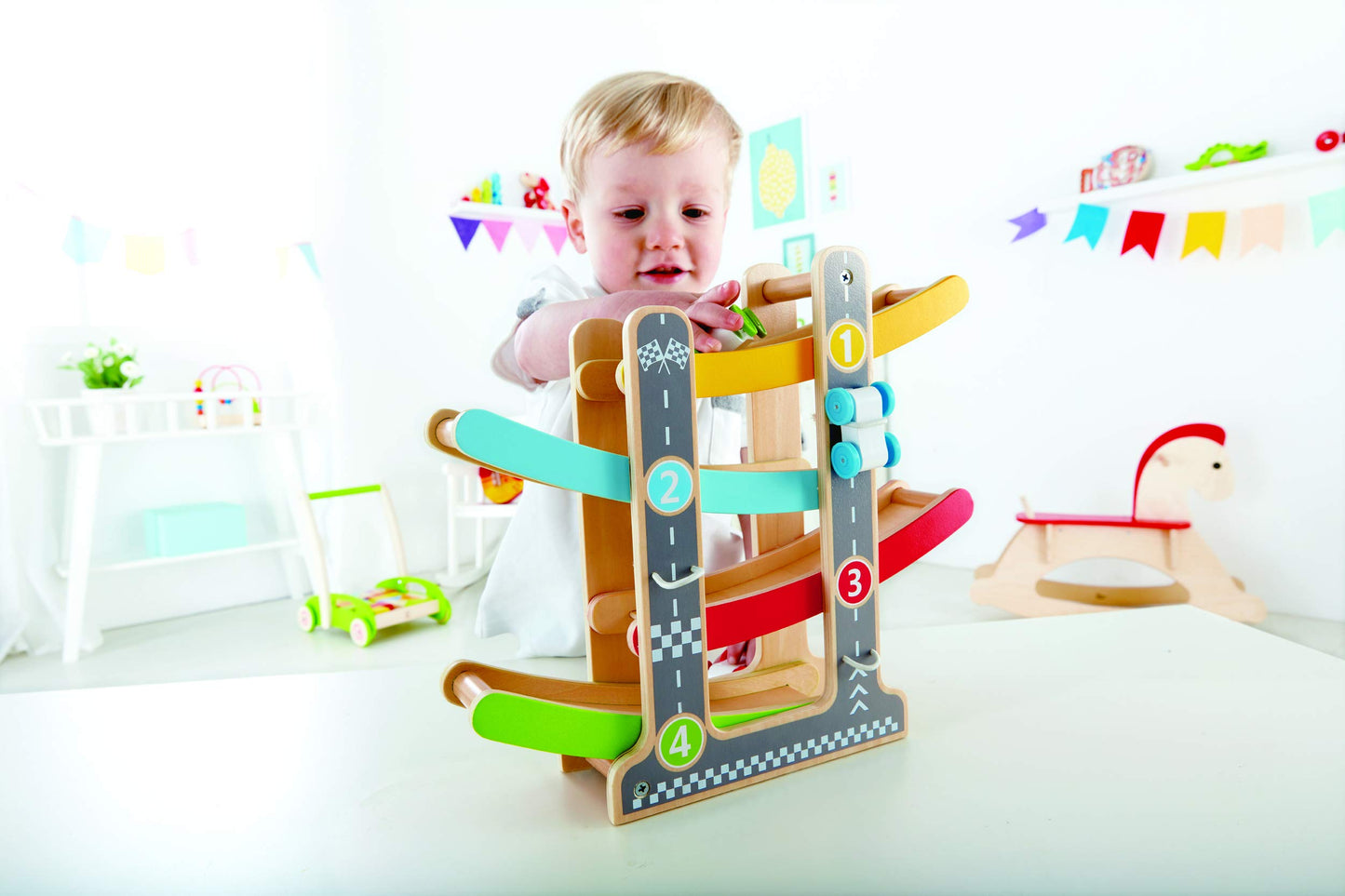 Hape Oddler Toys For 1 2 Year Old Boy & Girl Gifts Wooden Race Track Car Ramp Racer With 4 Mini Cars