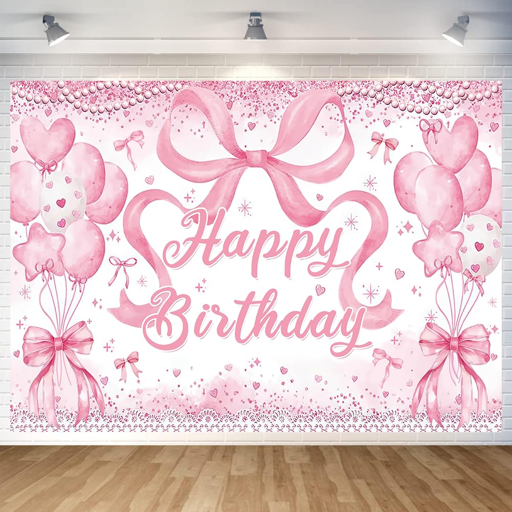 Cute Pink Bownot Birthday Party Backdrop Pink Bow Balloon Happy Birthday Banner Photography Background for Girls Teens Party Sup
