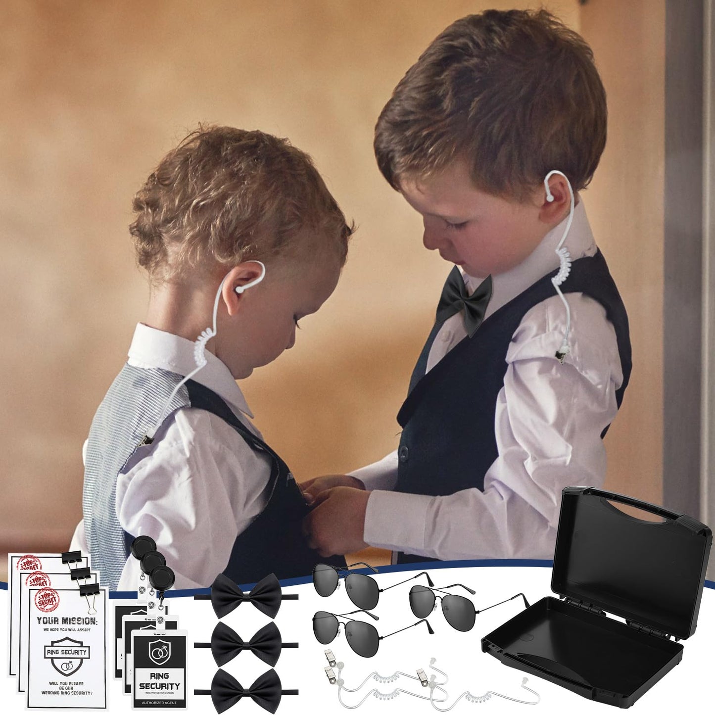 Mepase 21 Pcs Ring Wedding Bearer Security Set Include Ring Bearer Box ID Badge Holder Sunglass Acoustic Earpiece Tube Mission C