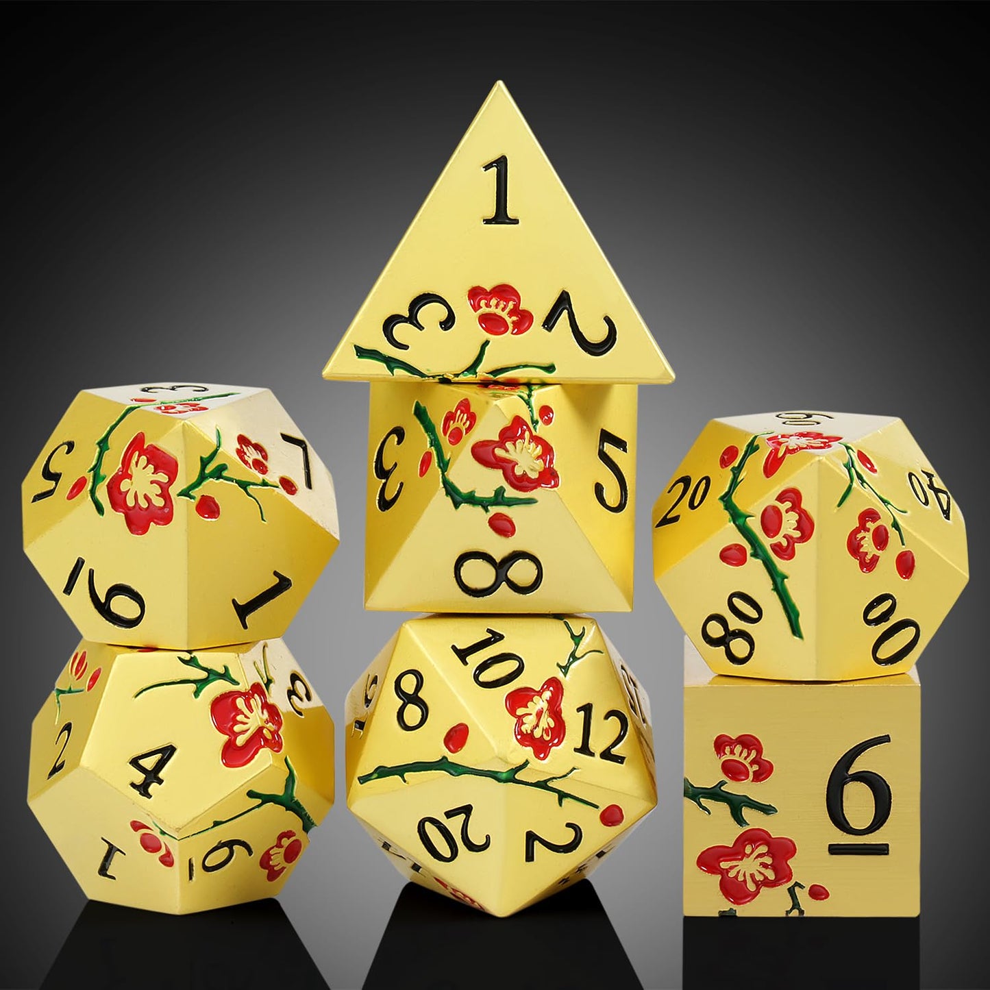 DNDND Flowers Metal Dice, 7 PCS Metallic DND Dice with Grogeous Gift Case for D&D Dungeons and Dragon Tabletop Game (Red Flowers