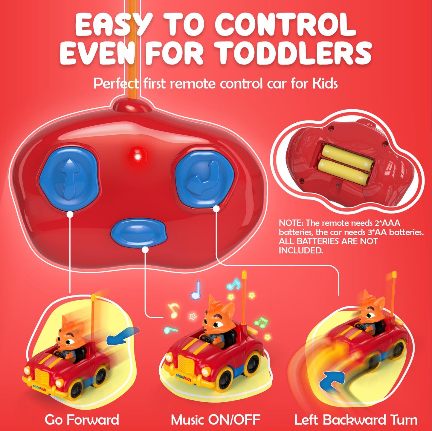 snookids 2 Pack Remote Control Cars for Toddlers and Kids with Detachable Figures, Lights and Music, Toys for Boys and Girls Age