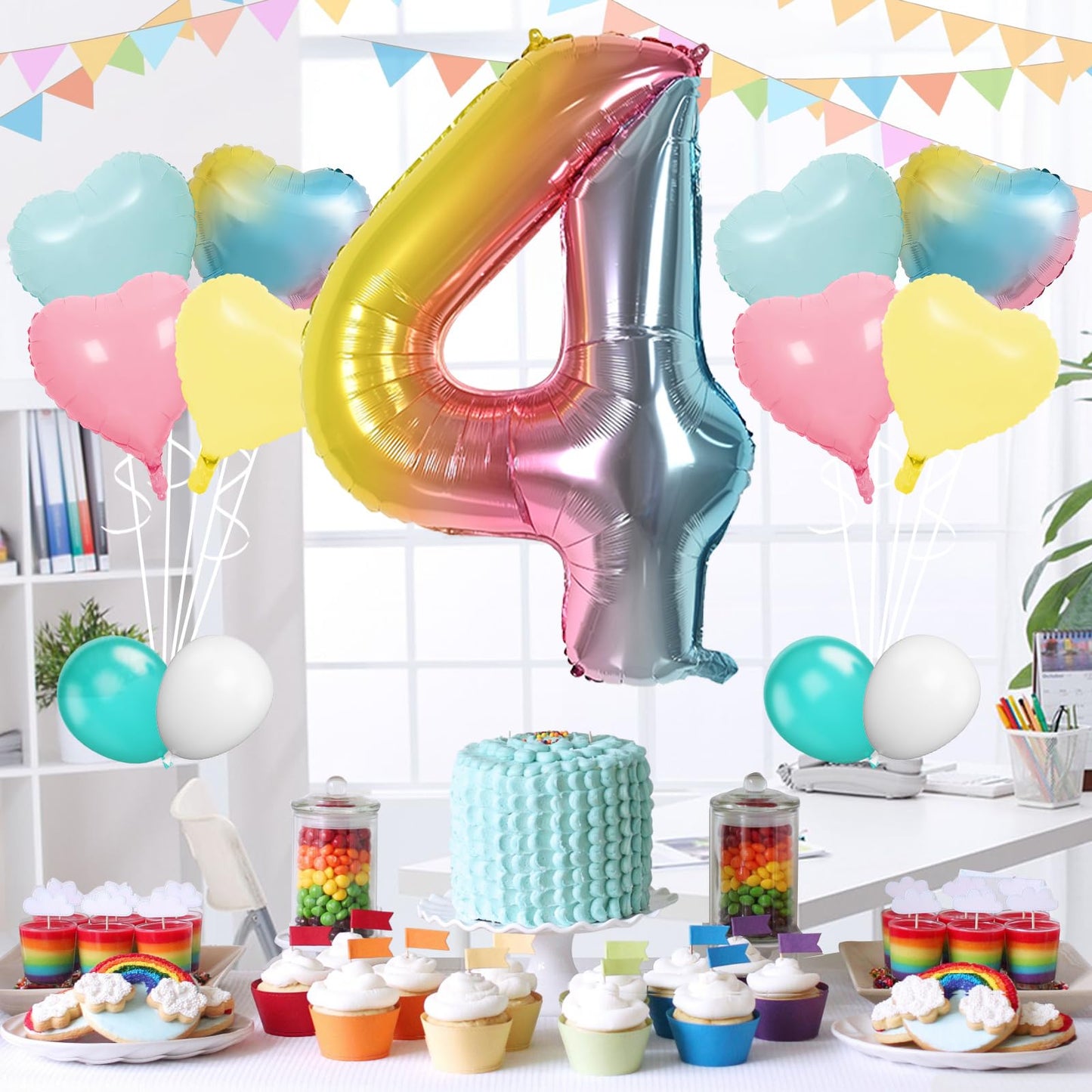 Biapian 40 Inch Rainbow Number 4 Balloons, 7Pcs Gradient Large 4Th Birthday Balloons With 18'' Foil Heart Balloon Helium For 4Th