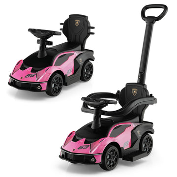 Costzon Push Cars For Toddlers, 3 In 1 Licensed Lamborghini Stroller Sliding Walking Car W/Handle, Armrest Guardrail, Underneath Storage, Horn, Foot-To-Floor Ride On Toy For Boys Girls (Pink)