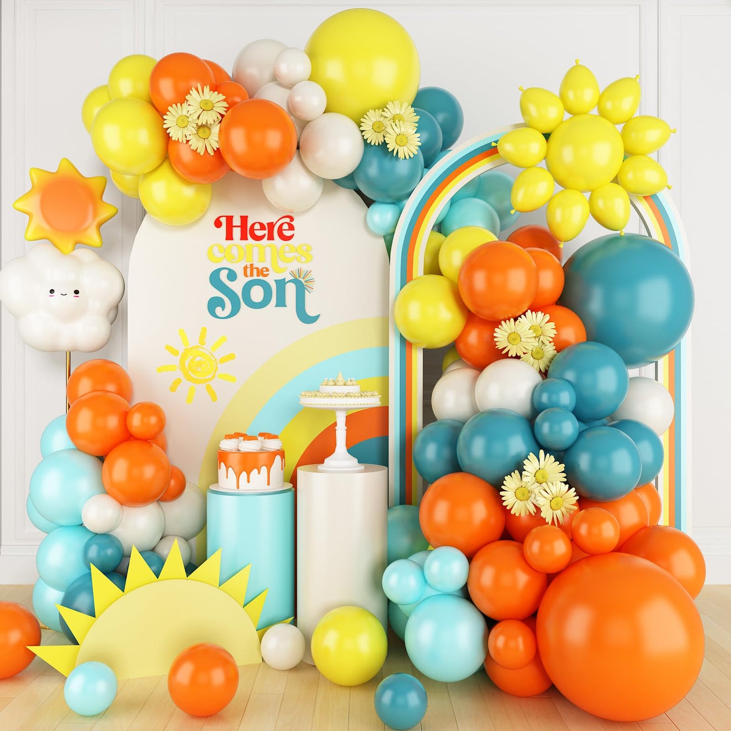 FunHot Here Comes The Son Balloon Arch Kit - Blue, Yellow, Orange Latex Balloons, Model B188-29E, Perfect for Boy Birthday & Baby Shower Decorations