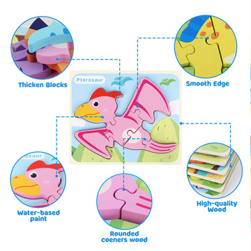 Synarry 6 Pack Dinosaur Wooden Puzzles For Kids 2-5, Wooden Puzzles For Toddlers, Dinosaur Puzzles For Toddlers 2 3 4 5 Year Old, 3D Dinosaur Puzzles Educational Preschool Toys For Boys And Girls