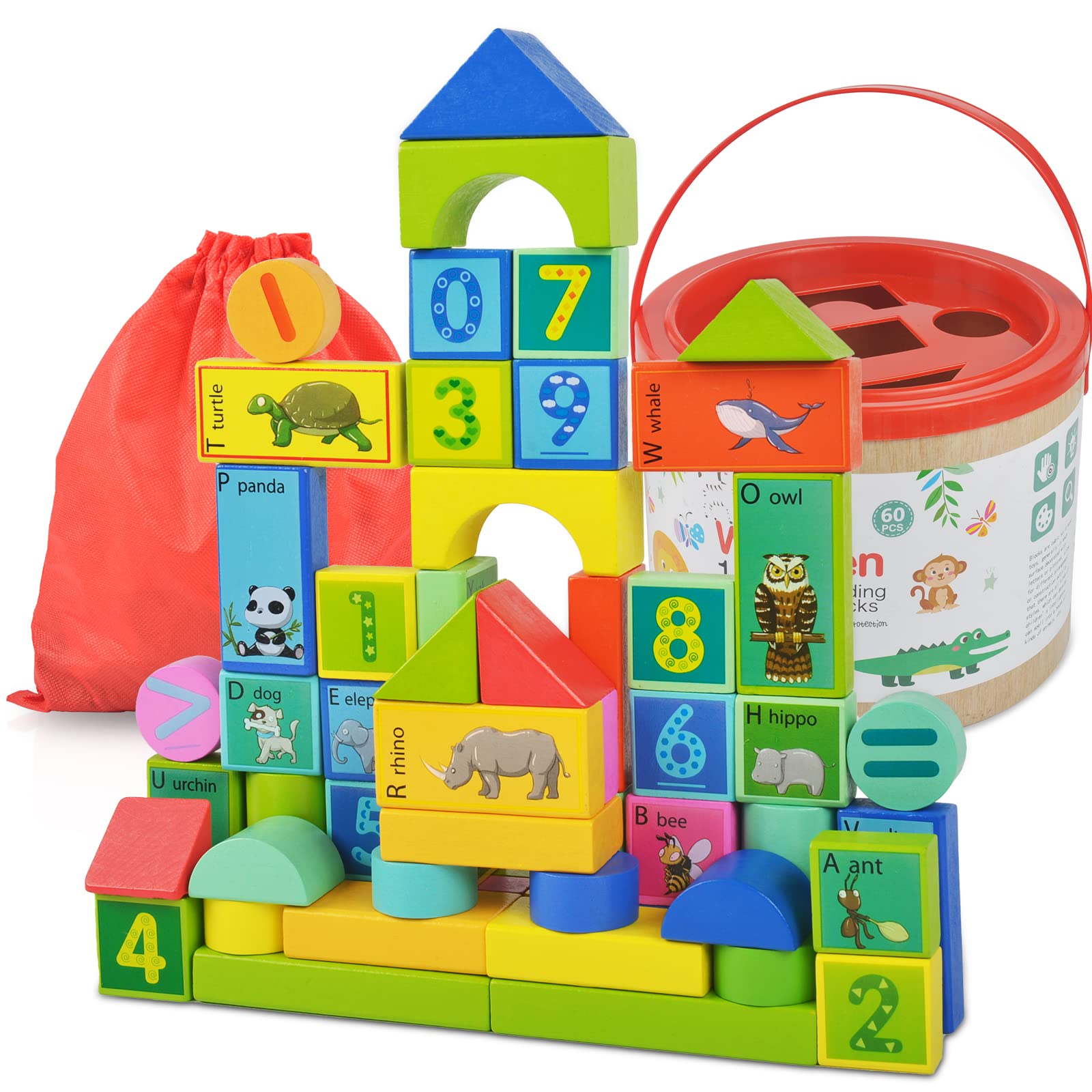 Auryee Wooden Building Blocks Toys 60 Pcs Toddler Stacking Toys Pre-School Learning Educational Toy For Kids | Baby | Boys | Girls Age 3 4 5 6 7 8 Year Old