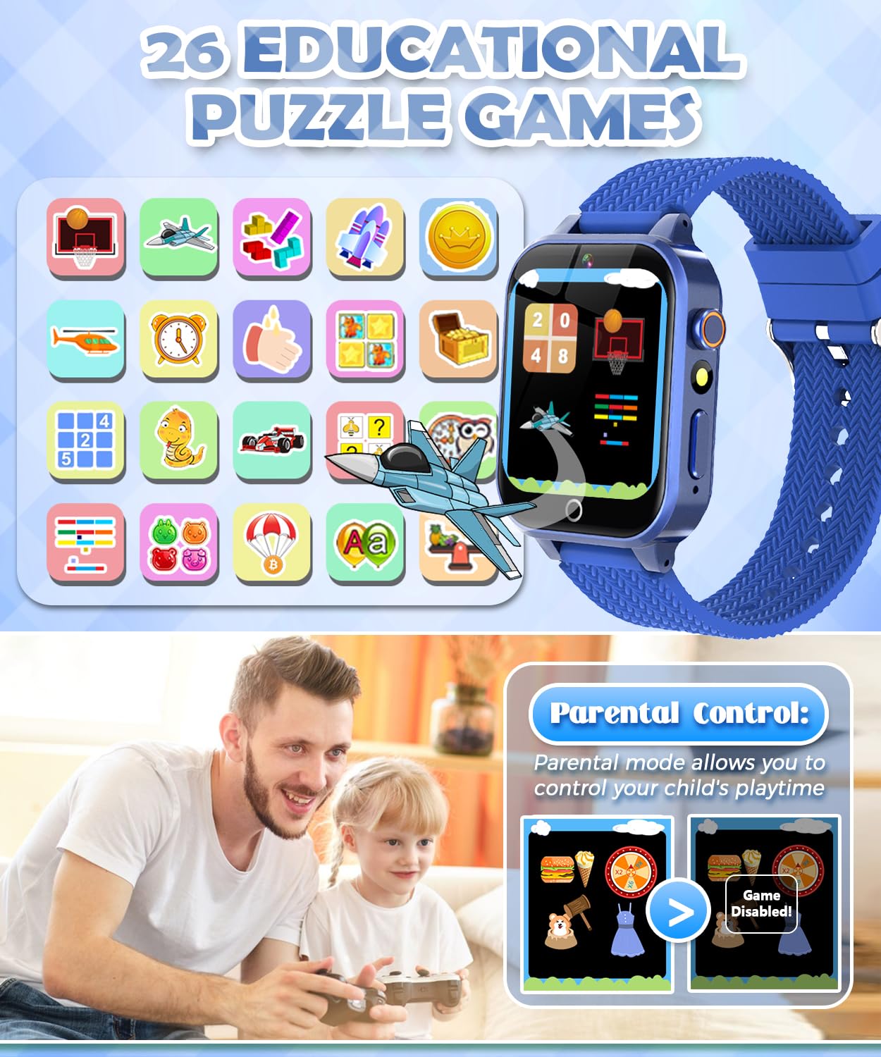 Tgfbh Kids Smart Watch For Girls Age 5-12 Toys With 26 Games 2 Screen Protectors Hd Touchscreen Video Camera Music Player Pedometer Learn Card Audiobook Toddler Watches Boys Birthday Gifts (Blue)