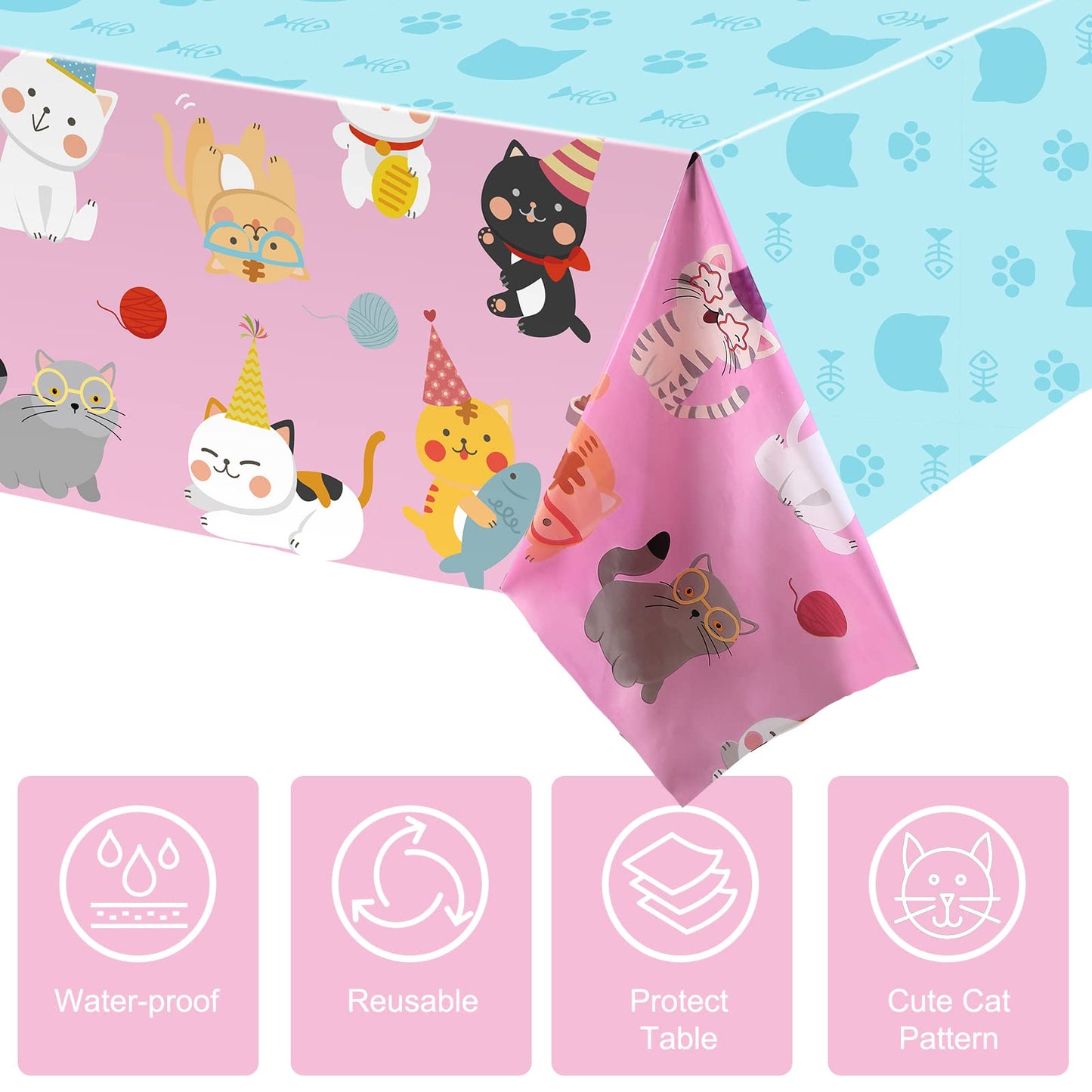 3 PCS Cat Tablecloth for Birthday Party Cat Themed Table Cover Decorations Cat Birthday Party Supplies Pink Tablecloth Kitten De