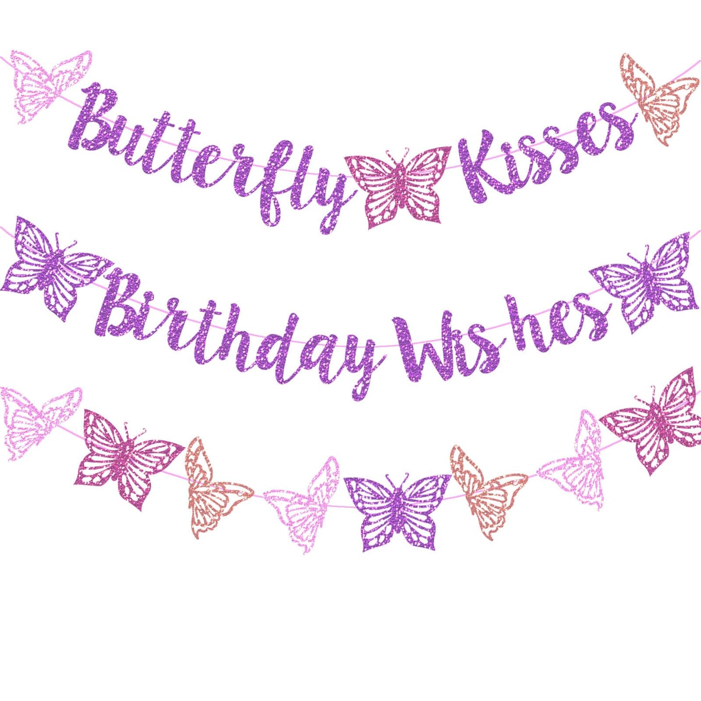 Butterfly Kisses Birthday Wishes Party Decor Purple Glitter Butterfly Kisses Birthday Wishes Banner for Butterfly Themed Baby Sh