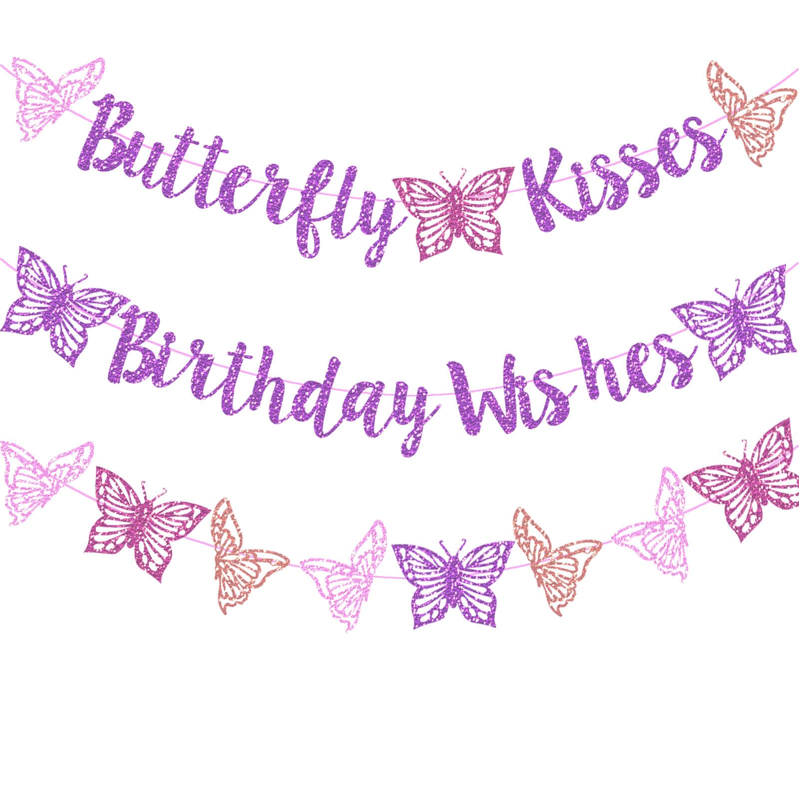 Butterfly Kisses Birthday Wishes Party Decor Purple Glitter Butterfly Kisses Birthday Wishes Banner for Butterfly Themed Baby Sh