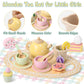 Lonico Wooden Tea Party Set for Little Girls Toddler Tea Set with Cupcake Stand & Food Dessert, Play Kitchen Accessories for Tod