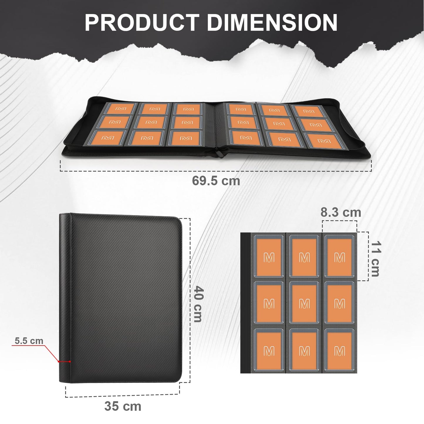 Toploader Binder Trading Card Binder Storage Hold up 288 Cards 9-Pocket Top Loader Binder with Sleeves for 3x4 Rigid Toploaders Hard Cases (9Carbon Fiber Black)