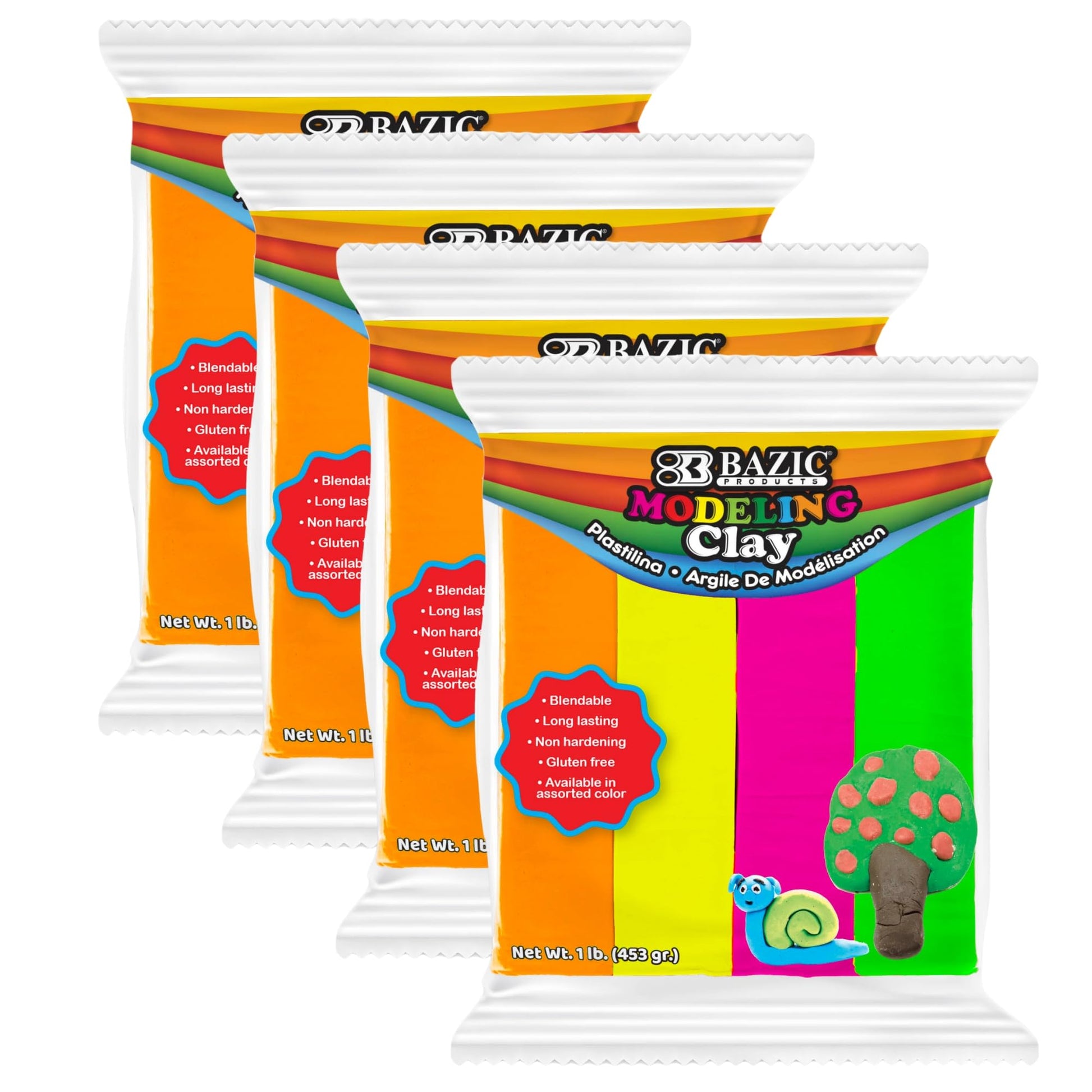 BAZIC Modeling Clay Neon Color 1 LB, Modeling Dough Non Toxic Gift for Artist Kids, Bulk for Classroom, 4-Pack