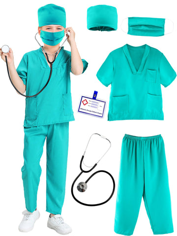 Puteraya Kids Doctor Scrubs Costume Set Doctor Surgical Suit Uniform For Boys Girls Dress Up Halloween Cosplay (Green, 10-12 Yea
