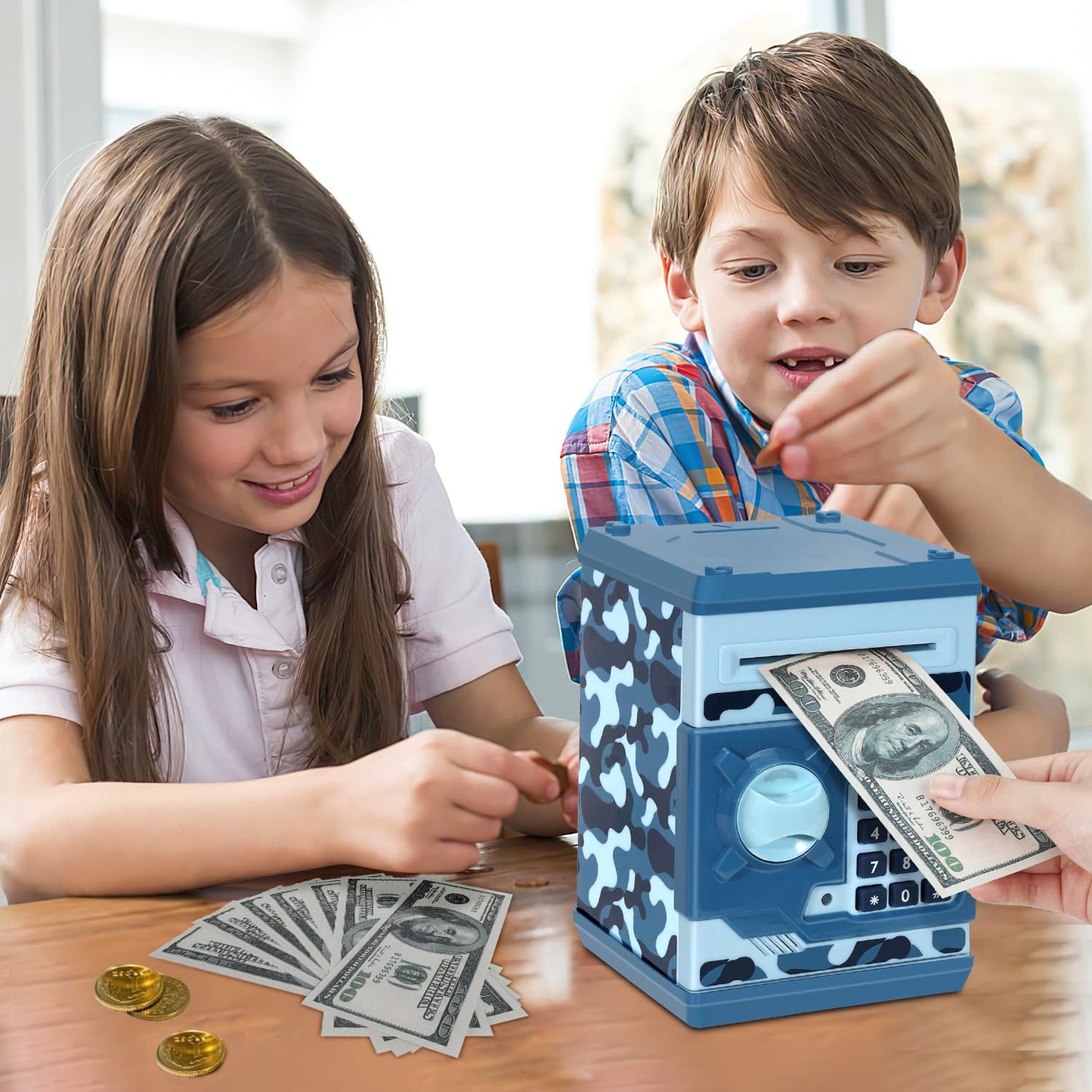 Setibre Piggy Bank, Electronic Atm Password Cash Coin Can Auto Scroll Paper Money Saving Box Toy Gift For Kids (Camouflage Blue)